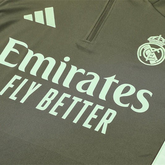 25/26 Real Madrid Training Dark Olive Kids Size Tracksuit from FootballPrestige.com - Premium Football Kits