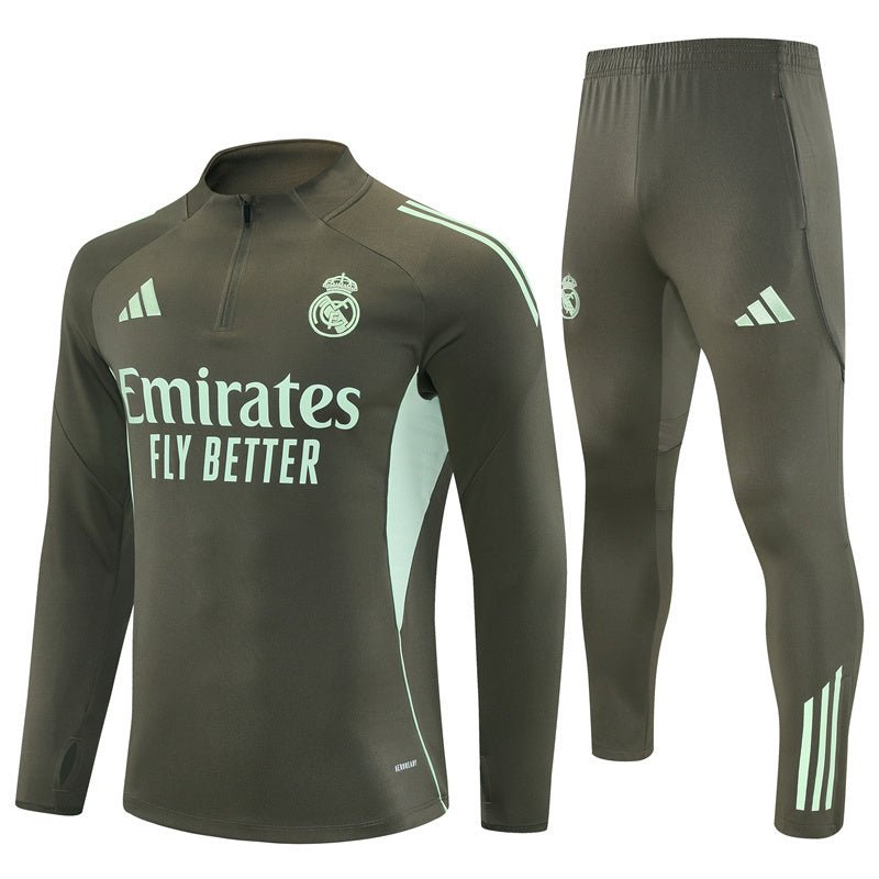 25/26 Real Madrid Training Dark Olive Kids Size Tracksuit from FootballPrestige.com - Premium Football Kits