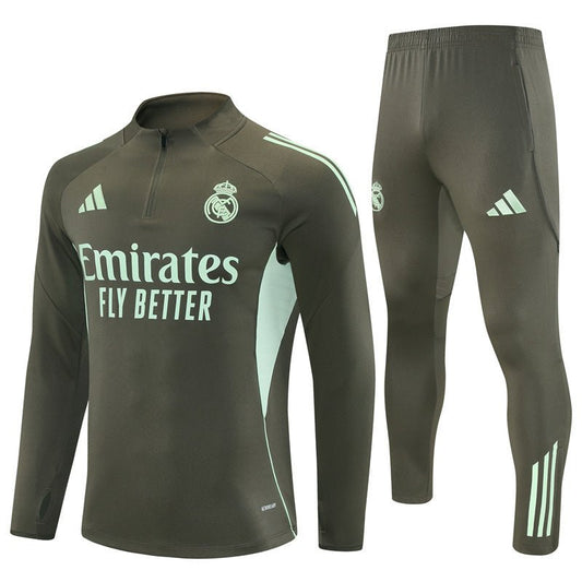 25/26 Real Madrid Training Dark Olive Tracksuit from FootballPrestige.com - Premium Football Kits