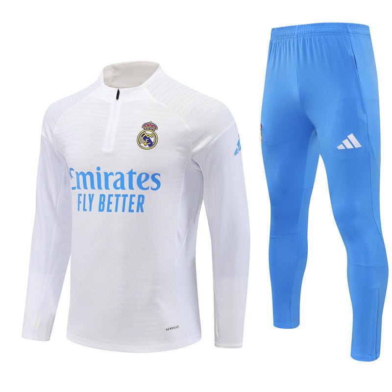 25/26 Real Madrid Training White/Light Blue Kids Size Tracksuit from FootballPrestige.com - Premium Football Kits