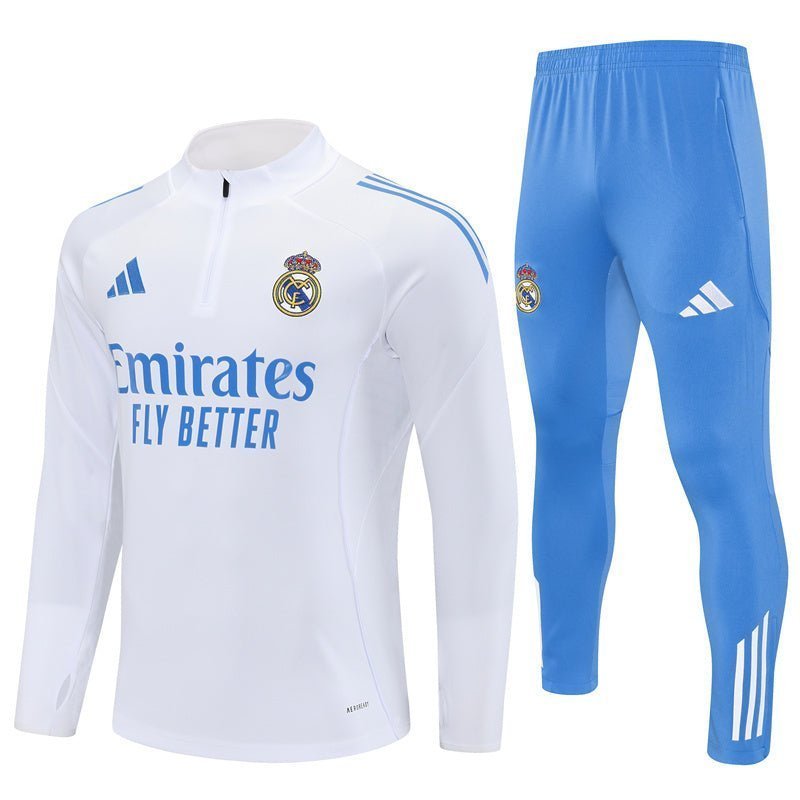 25/26 Real Madrid Training White/Light Blue Kids Size Tracksuit from FootballPrestige.com - Premium Football Kits
