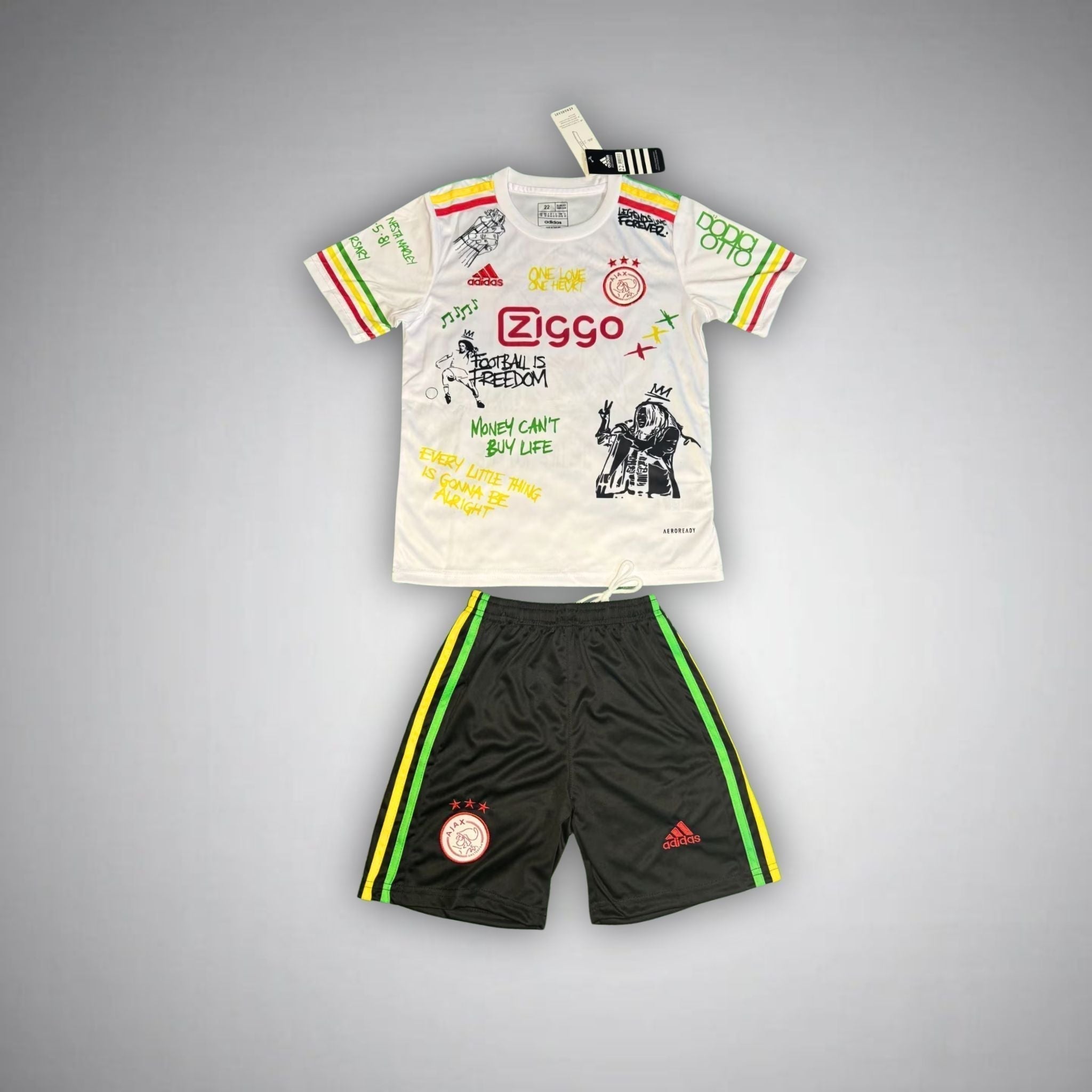 Ajax "Bob Marley" White Premium Kids Size Kit from FootballPrestige.com - Premium Football Kits